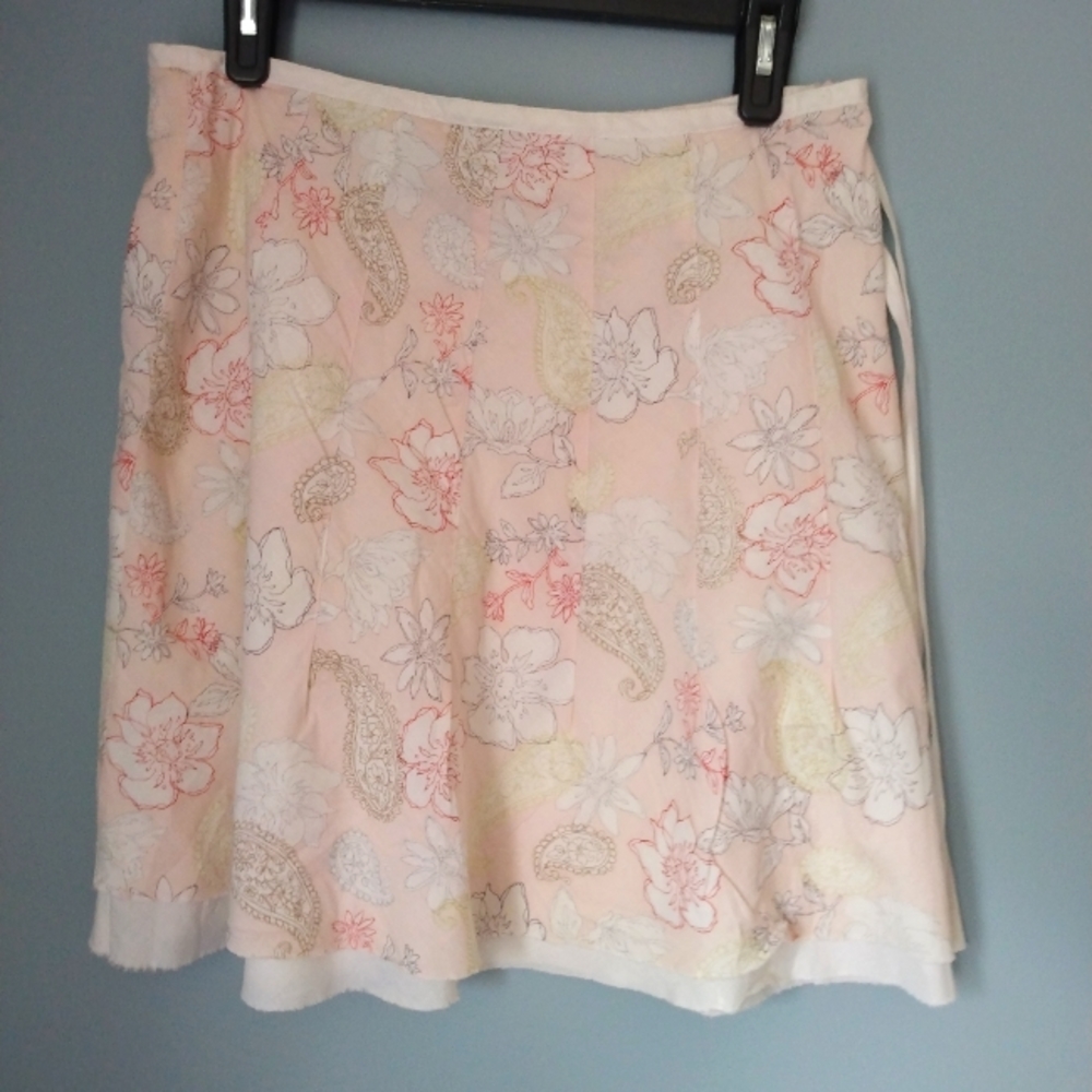 Pink White and Green Floral Short Skirt with Zipper and TIe Raw edge Lined Doubl